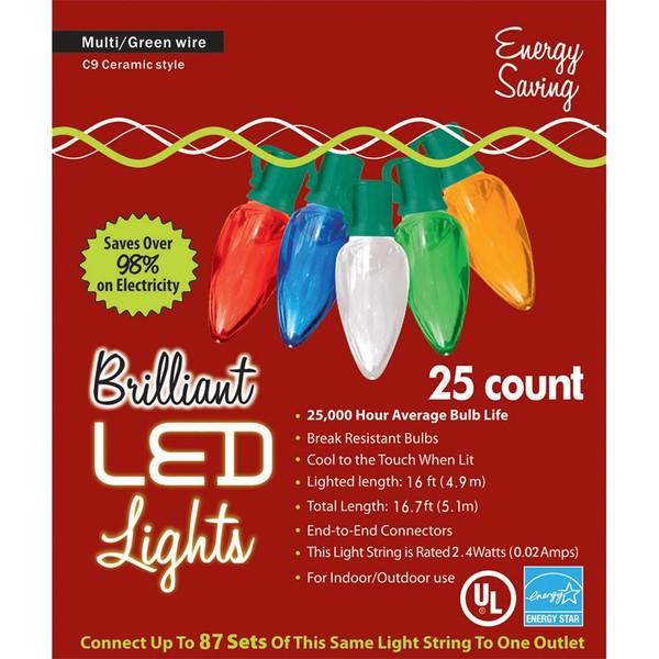 Holiday Wonderland 2924-88 Christmas Lights Set Multi-Color Ceramic 25-Count C9