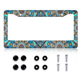 Boho Brown Blue License Plate Frame - Beautiful License Plate Frame Cover Holder Aluminum Metal, Rust-Proof Waterproof Car Decorative Tag Frames for Standard Us 12x6 Inch