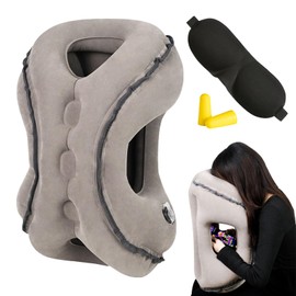 LEKEFETO Inflatable Travel Pillow Neck Pillow Inflatable Pillow Portable Travel Pillow Neck Support Pillow Comfortable Supports Head and Chin for Airplane, Train Train, Camping (Eye Mask, Ear Plugs)