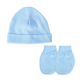 Baban Baby Newborn Hat and Baby Scratch Mittens Set - 0-3 Months Baby Cap and Scratch Mits – Cotton, Made in Britain, Blue