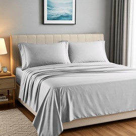 Carressa Linen 100% Egyptian Cotton Sheets Queen Size Bed Set - Luxury 1500 High Thread Count Egyptian Cotton Queen Sheet Set (4 PC, Light Grey), 17" Deep Pocket, Silky Soft, Cooling, Sateen Bedding