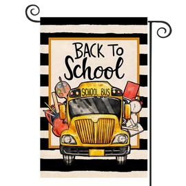 DMERBYL School Bus Back to School House Flag Burlap Black Stripes School First Day House Flag for Fall Seasonal Farmhouse Outdoor Outside Party Decoration 12x18 Inch