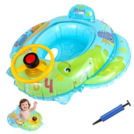 Baby Swimming Ring Dinosaurs, Inflatable Dinosaur Blue Swimming Float PVC Safety Aid Seat Circle Swim Boat Inflator with Steering Wheel for Age 6 Months to 3 Years Toddler Floating Training
