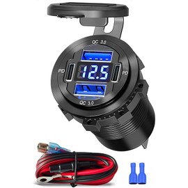 Upgraded 12V USB Charger with 4 Ports - Aluminum Alloy Car Outlet with LED Voltmeter for Cars, Golf Carts, Boats, RVs, Trucks, and Motorcycles (Pack of 1)