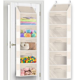 Over The Door Organizer with Drawers, 5 Tier Hanging Storage with Removable Bins & 10 Side Pockets, Over Door Closet Organizer for Baby Items, Yarn, Bed Sheets, Clothes, Toys, Towels – Beige