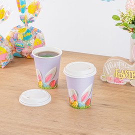 Restaurantware-Restpresso 12 Ounce Easter Party Cups, 400 Hot Cups With Plastic Lids - Easter Bunny And Egg Design, Disposable, Purple Paper Coffee Cups, Single Wall, Serve Hot And Cold Drinks