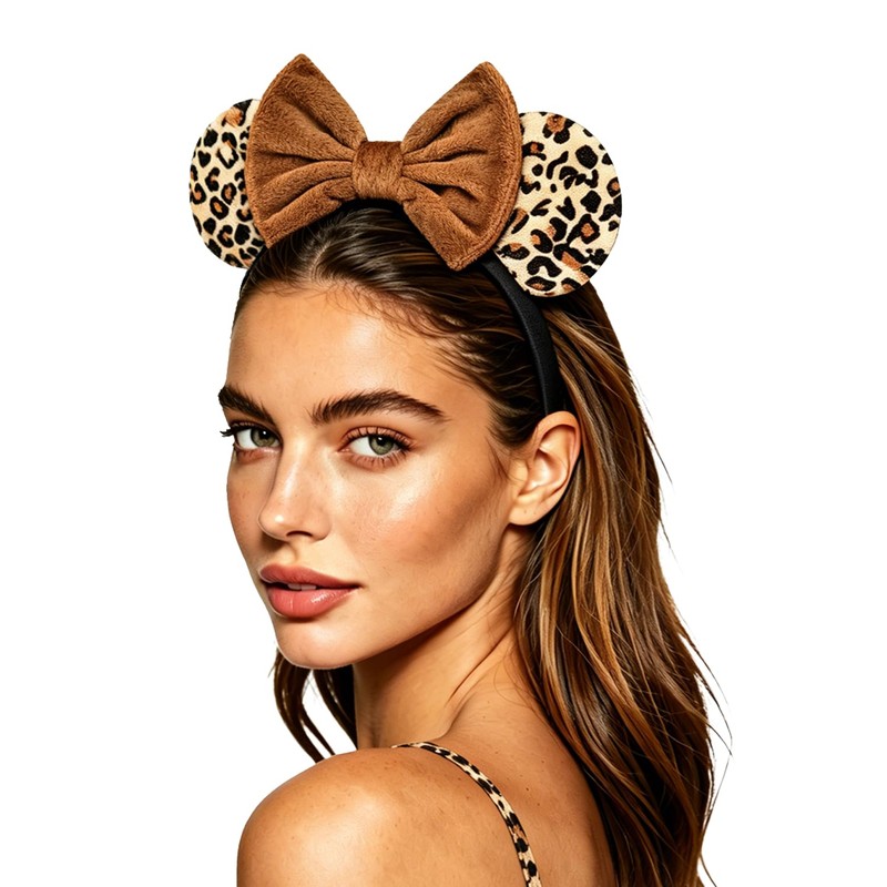 Bmobuo Leopard Print Mouse Ears Headband for Women, Brown Fuzzy
