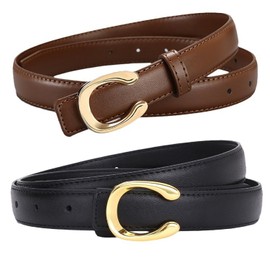 2 Pack Women's Leather Belts for Jeans Dresses Pants Fashion Casual Waist Belt Ladies Gold Buckle Leather Belts (S:Fit Waist Size 25-31 Inch)