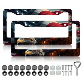 HCSS 2PCS American Flag Eagle License Plate Frames Patriotic US Flag License Plate Holder Stainless Steel Auto Parts Rust-Proof Waterproof Car Decorative Tag Frame for Standard US 12x6 Inch