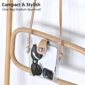 Women's Small Clear PVC Cross Body Bag Phone Bag with Vegan Leather Trim Transparent Turn-Lock Purse Stadium Approved (Nude)