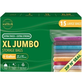 Seal Fresh 5 Gallon Large Plastic Storage Bags – 18" x 24" (15 Count) – Reusuable XXL Extra Large Heavy Duty Clear Jumbo Freezer Zip Bags with Sealable Zipper Top For Clothes, Travel, Moving