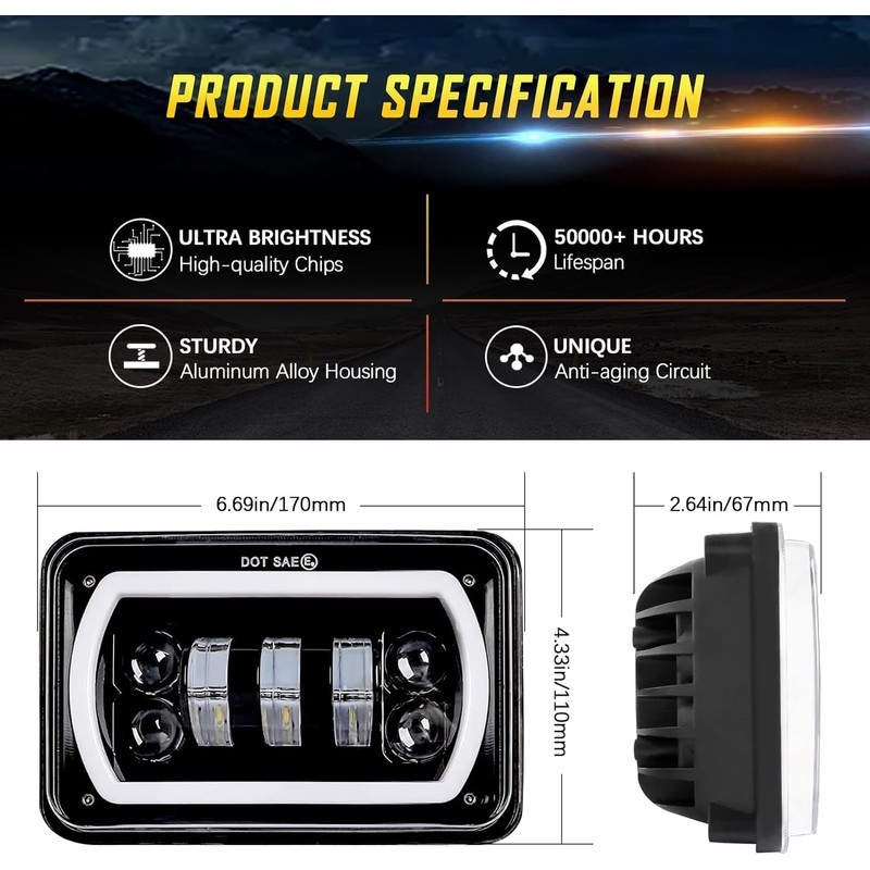 YOUSTAR-LIGHT 4x6 LED Headlights DOT Approved H4651 H4652 H4656 Replacement
