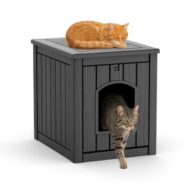 VIXZEN Cat House Resin Outdoor Cat House with Flip Lid Elevated Raised Floor Waterproof Easy Access Easy Assembly Easy to Clean Cat Houses for Outdoor Cats,Black
