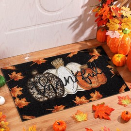 Moucuny Thanksgiving Doormat Fall Pumpkin Floor Mat Autumn Maple Welcome Outdoor Rugs Harvest Leaves Outdoor Coir Rubber Non Slip Doormat for Front Porch Home Entrance Indoor Outdoor Decor