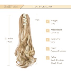 Gairyan 50 cm Ponytail Hairpiece Braid Extensions Long Curly Claw Clip-In Ponytail Extensions Synthetic Hair Extensions Wavy Hairpiece Hair Extension for Women, Sandy Blonde & Blonde