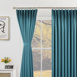 MUMFAS Teal Green Pinch Pleat Curtain 52" W x 96" L Solid Thermal Insulated 95% Blackout Patio Door Curtain Panel Drape for Traverse Rod and Track with Tieback, (One Panel)