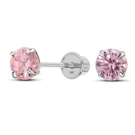 Solid 14K White Gold Round Solitaire Simulated-Tourmaline-Birthstone Minimalist Stud Earring with Comfort Screw Backing (3mm, 10-October)