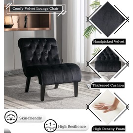 Comfy Velvet Accent Chair, Upholstered Armless Side Chair for Living Room, Modern Small Lounger with Tufted Back and Rolled Edge Design, Comfy Reading Chaise Lounge with Solid Rubber Wood Legs, Black