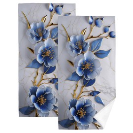 Retro Blue Floral Bathroom Hand Towels Decorative Set 2 Piece Abstract Modern Flowers Bath Hand Towels for Bathroom Yoga Swim Hotel Spa Home Decor 14x28 Inch