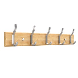 Anjuer Coat Hanger Rack 5 Hooks Heavy Duty Clothes Hat Holder Bamboo Board Silver Hooks