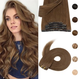Silk-co Clip in Hair Extensions Real Human Hair Remy Double Weft With Lace Coverd Clip in Silky Straight Natural Thick Hair Seamless 7pcs 16Clips 120g 18Inch #04 Medium Brown