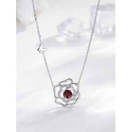 Leva Jewkis 925 Sterling Silver Birthstone Necklace for Women Created Gemstone Necklaces Flower Camellia Jewellery Gifts for Women Girls Adjustable Chain, Sterling Silver