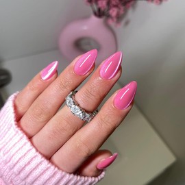 Hot Pink Cat Eye False Nails Short Almond, SXVME 30 Pcs Glitter Press on Nails Sparkly Shiny Fake Nails Cute Bling Glue on Nails Medium Stick on Nails for Women Daily Wear