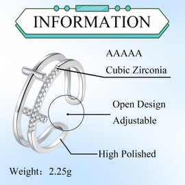 Bewenda Silver Open Rings for Women, 925 Sterling Silver Double Cross Rings, Adjustable Open Finger Ring with White Zirconia, Hypoallergenic Single Open Thumb Ring, Simple Promise Ring with Gift Box