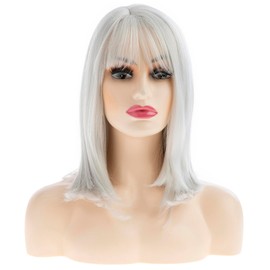 Dsimeig Long Silver Wigs for Women, Natural Straight Silver Wig with Bangs, Synthetic Hair Wig for Daily Party Use