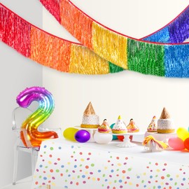 LOLStar Rainbow Foil Fringe Garland Party Decorations, 6 Feet Rainbow Tinsel Metallic Glitter Banner, Hanging Rainbow Table Skirts for Birthday Wedding Christmas Pride Month Parade Floats Decor