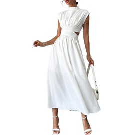 Milumia Women's Mock Neck Cut Out Dress Cap Sleeve Long Flowy Going Out Maxi Dresses with Pockets White Small