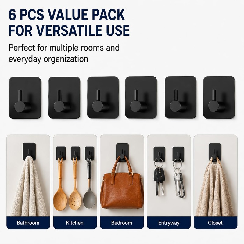 Mulbijeo Ganci Adesivi, 6 Pezzi, Accessori Bagno, Acciaio Inox Nero,