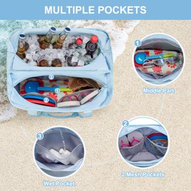 Yarwo Large Beach Bag with Insulated Cooler, Extra Beach Vacation Tote Bag with Wet Dry Pockets and Luggage Strap for Swim, Pool, Blue