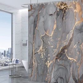 Hnmdmyi Shower Curtain Marble Look Grey 90 x 180 cm Glitter Shower Curtains Gold Crack Abstract Modern Luxury Art Bath Curtain Waterproof Polyester Fabric Washable Bath Curtain for Bathroom with Hooks