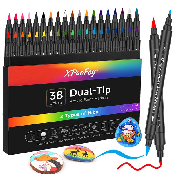 XPaoFey 38 Dual-tip Acrylic Paint Markers with Brush & Fine Tips, Acrylic Paint Pens for Rock Painting, Ceramic, Stone, Glass, Plastic, Wood, Calligraphy, Canvas & DIY Craft Art Supplies