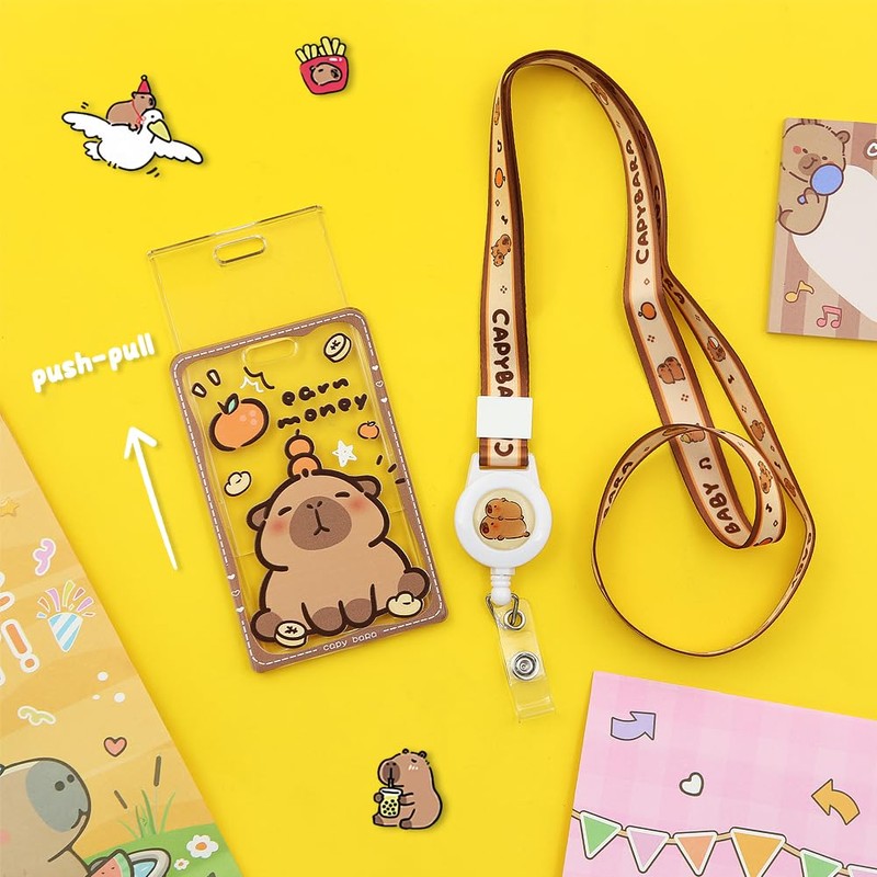 Capybara Orange Card Holder with Brown Edge Extendable Lanyard, Cute