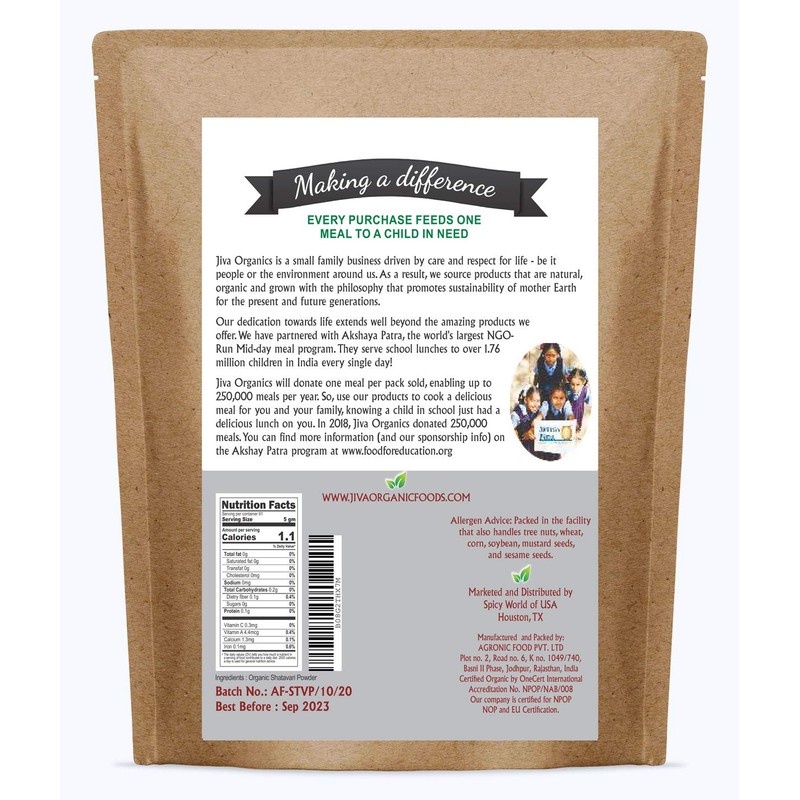 Jiva Organics Organic Shatavari Powder 14 Ounce Bulk Bag -