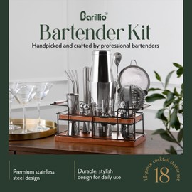 Barillio Bartender Kit – 23-Piece Stainless-Steel Cocktail Shaker Set with Premium African Mahogany Stand | Martini Barware Mixing Tools for Home Bartending | Gift Set