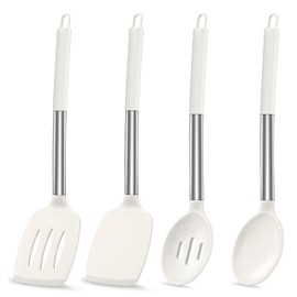 LIANYU Silicone Spatula and Cooking Spoon, 4 Pack Kitchen Cooking Utensils Set for Non-stick Cookware, Heat Resistant Solid & Slotted Spoons and Spatulas, Stainless Steel Handle, White