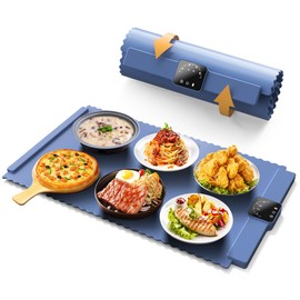 Warming Mat for Food - Portable Silicone Electric Warming Tray with 5 Level Temperature and 4 Hours Timer,Extra Large Countertop Roll Up Buffet Heating Pad,Food Warmers for Parties, Gatherings (Blue)
