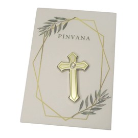 PINVANA Religious Cross Lapel Pin - Gold Enamel with rhinestone