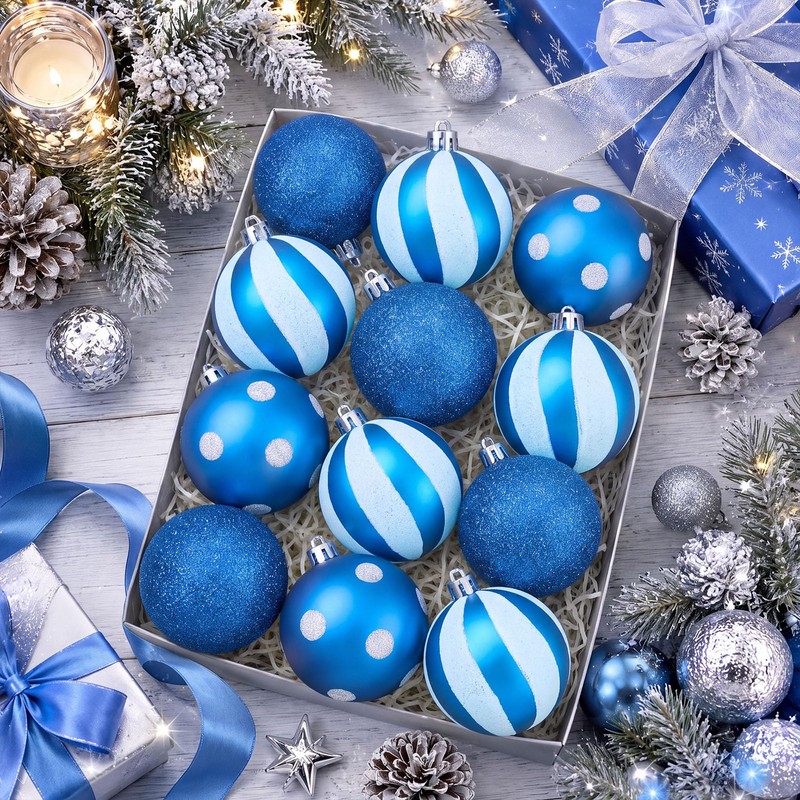 24 Pcs 2.4" Blue and White Christmas Balls Ornaments for
