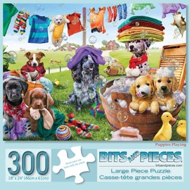 Bits and Pieces – Large 300 Piece Jigsaw Puzzle for Adults – ‘Puppies Playing’ by Artist Adrian Chesterman, Completed Puzzle Size: 18" x 24"