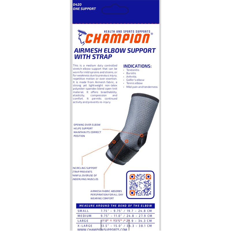 Champion Elbow Brace, Adjustable Compression Support Strap, Airmesh Fabric, Grey,