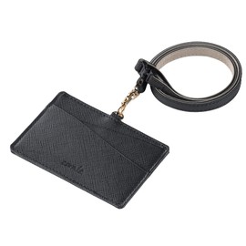 Corale Women's Genuine Leather Horizontal ID Case ID Card Holder with Safety Device Neck Strap (Black)