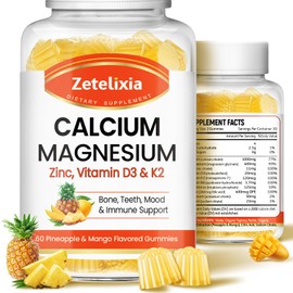 Zetelixia Calcium Gummies for Women Men, Calcium Magnesium Zinc with Vitamin D3 & K2, Calcium Magnesium Supplement for B0nes Muscles, Pineapple & Mango Flavor - 120 Count