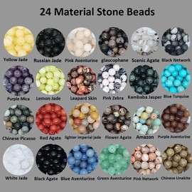 1200pcs 6mm Natural Round Stone Beads Real Gemstone Beading Loose Gemstone Hole Size 1mm DIY Smooth Beads for Bracelet Necklace Earrings Jewelry Making,Box Packed(24 Material -A,6mm)