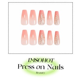 IMSOHOT Press on Nails Long Coffin Fake Nails with Pink Orange Nude Gradient Acrylic False Nails with Glitter Design Full Cover Glossy Glue on Nails Cute Nail Manicure for Women 24Pcs