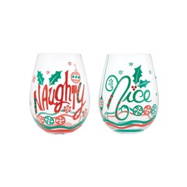Enesco Lolita Christmas Naughty and Nice Hand-Painted Artisan Stemless Wine Glass Set, 20 Ounce, Multicolor