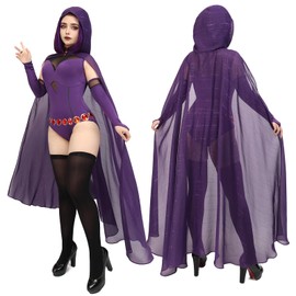 DAZCOS Women's Rachel Roth Cosplay Bodysuit Set With Purple Hooded Cloak and Gem Stone Belt, Purple, X-Large